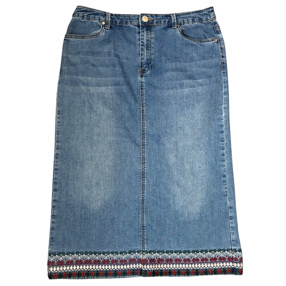 VTG Christopher Banks Denim Midi Skirt Embroidered Southwestern Plus Size 14